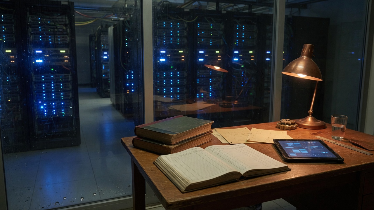 Bound ledgers and a tablet on a desk in front of a server room.