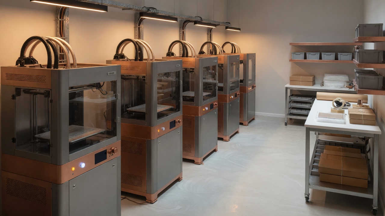 A row of industrial 3D printers beside a packing station.